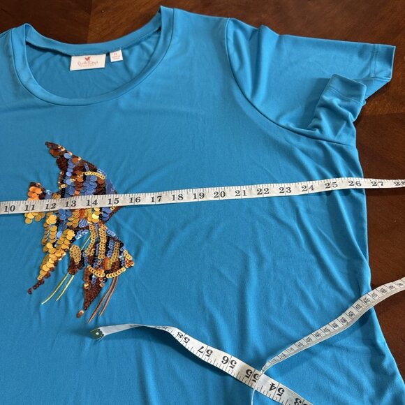 Quacker Factory 2X Sequin Fish Tunic Top Shirt Women’s Light Blue Lycra - Picture 9 of 14